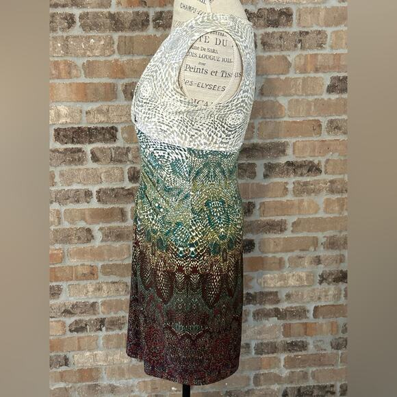 Calvin Klein green brown ombré reptile print batik style stretch dress small - Picture 3 of 11